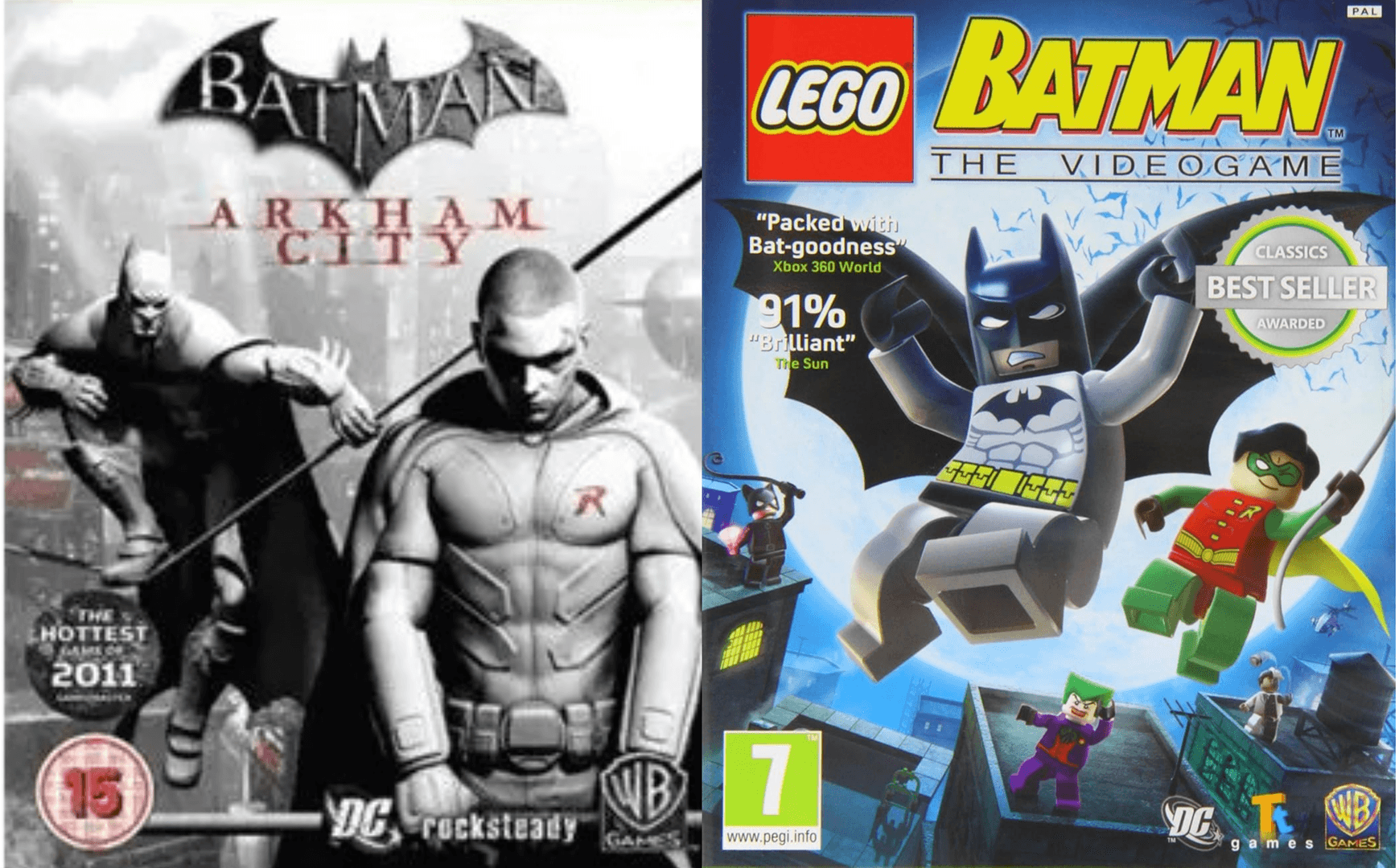 Cover art of Batman: Arkham City next to cover art of LEGO Batman.