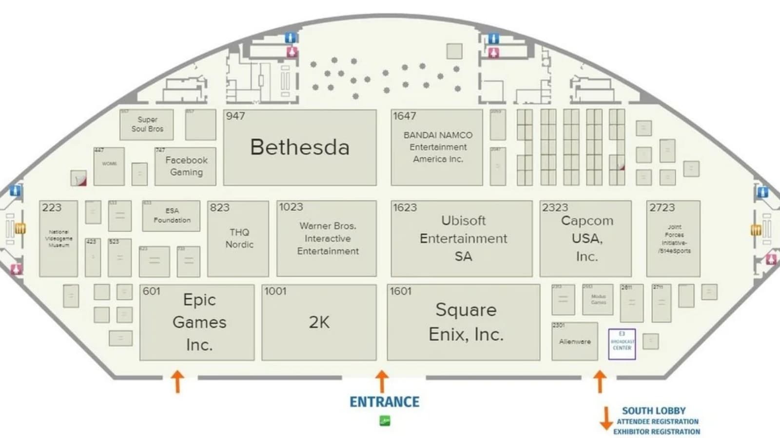 An E3 floor plan showing major game publishers occupying separate spaces within the same industry event.