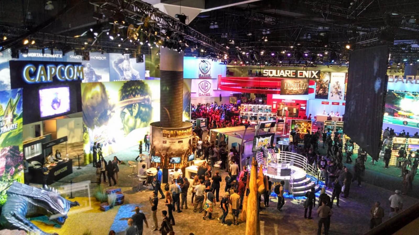 Competing game publishers sharing a crowded convention floor and benefiting from the same audience and environment.