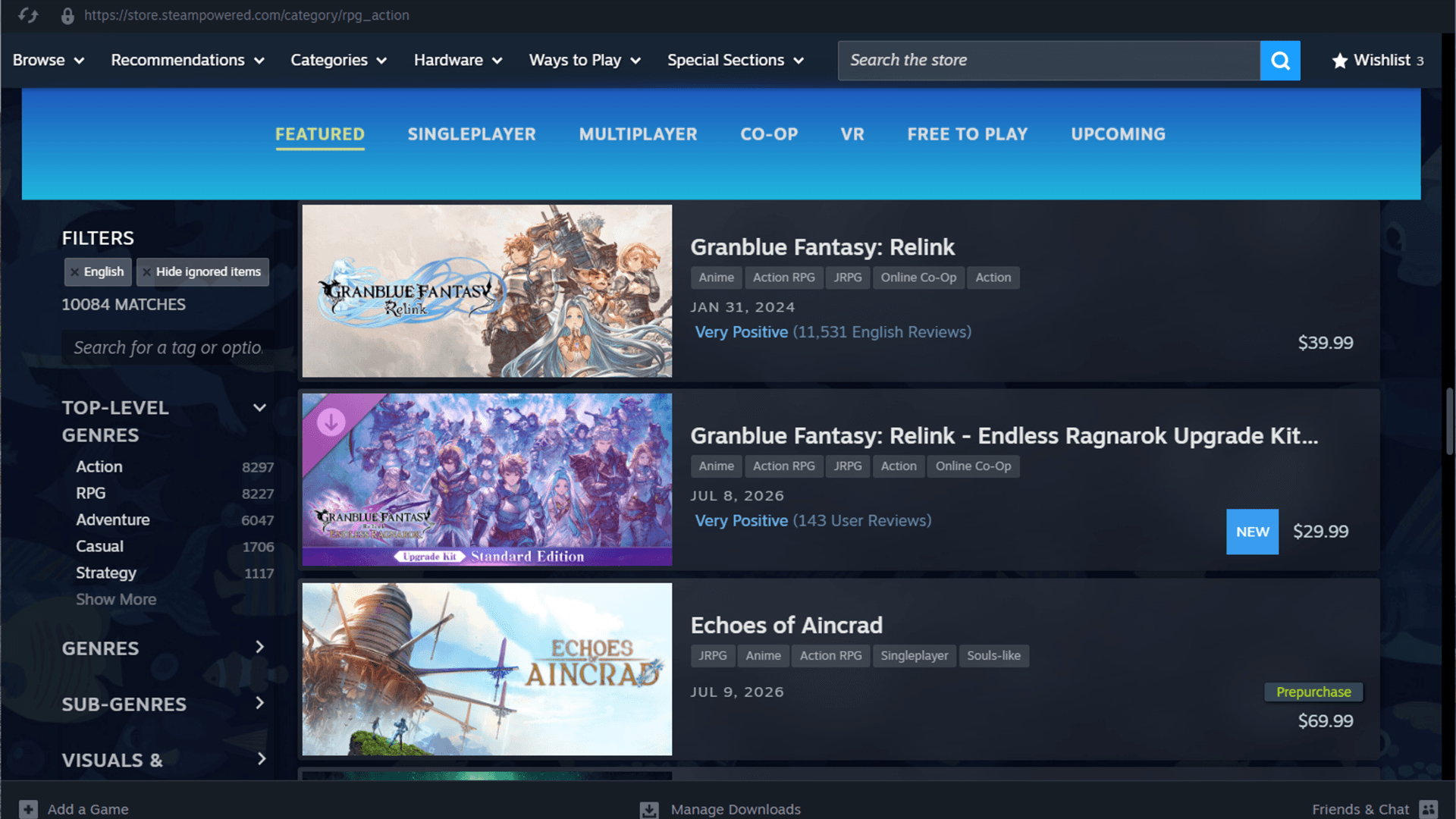A Steam storefront screenshot showing repetitive RPG tiles — the sameness problem.