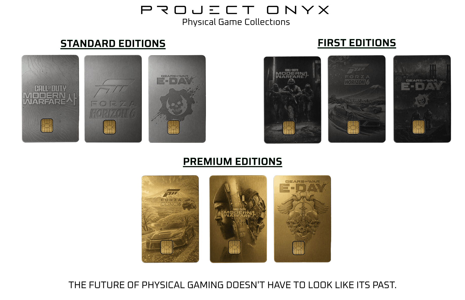 Project Onyx card collections arranged by silver standard, black first and gold premium editions across several Xbox franchises.