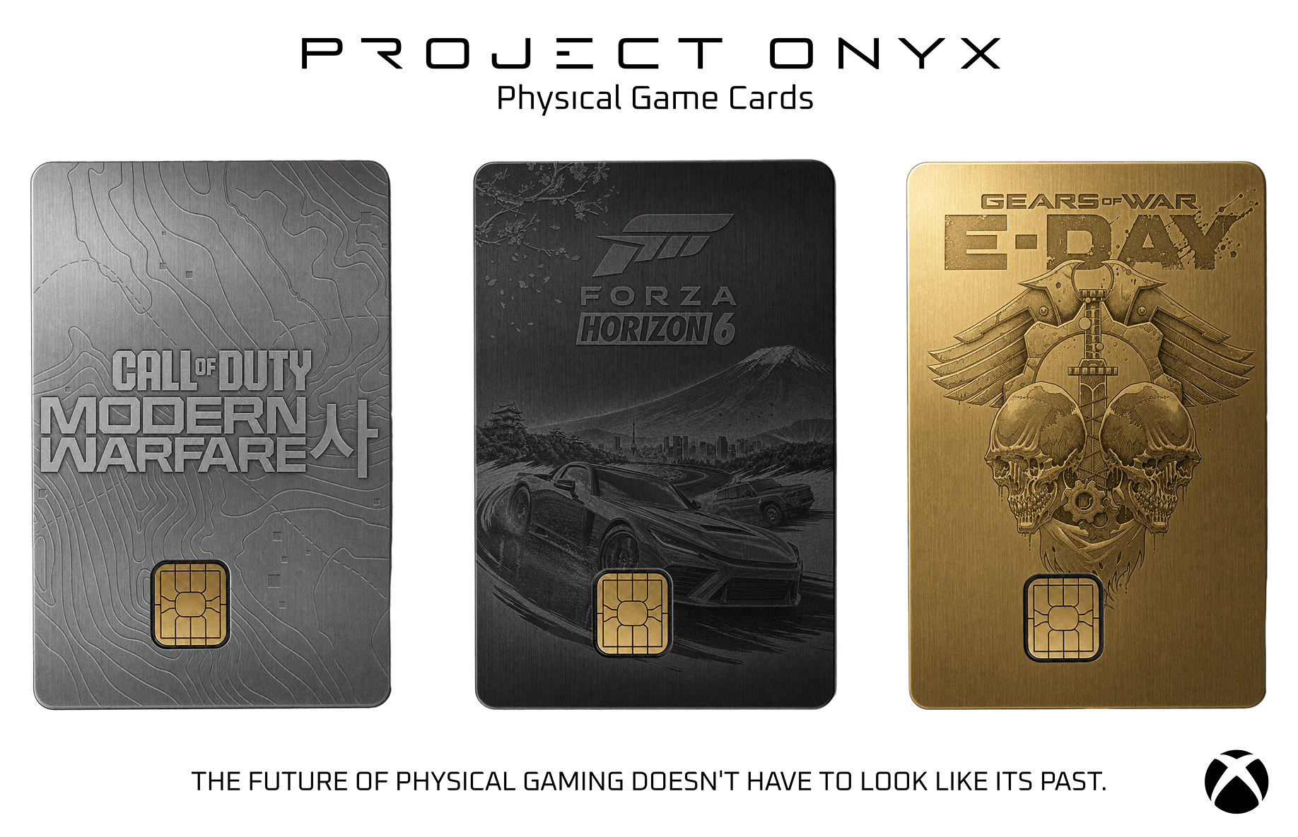 Project Onyx concept showing three collectible Xbox game cards in silver, black and gold finishes.