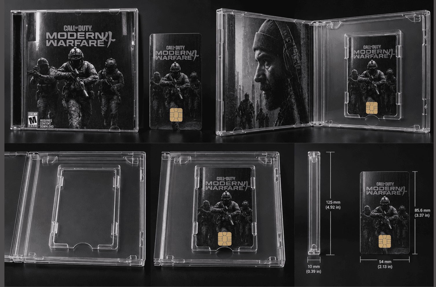 Project Onyx packaging concept showing a Modern Warfare game card, compact case and clear protective holder.