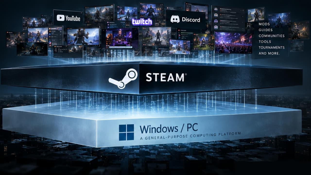 Layered diagram showing Windows and PC as the foundation, Steam as a platform layer, and a broader cultural ecosystem above it.