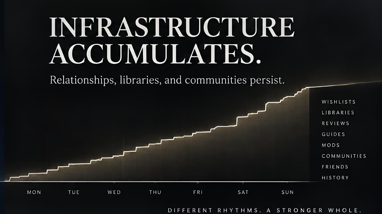 Conceptual chart showing infrastructure and persistent relationships accumulating over time.